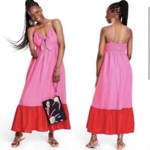 Tabitha Brown X Target Sleeveless Tie-Front Midi Dress, pink red linen pocket, S